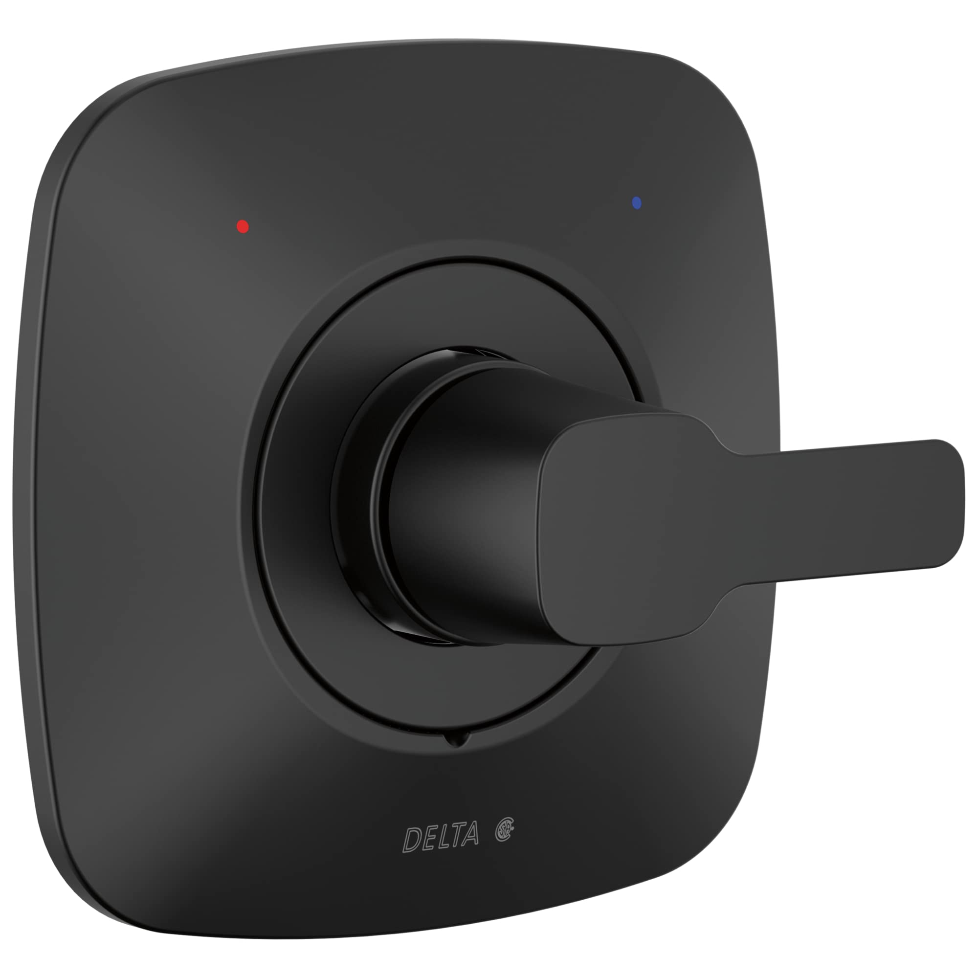 Square matte black shower valve trim with single lever handle and temperature indicator dots.