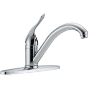 Chrome single-handle kitchen faucet with curved spout and lever control on rectangular base.