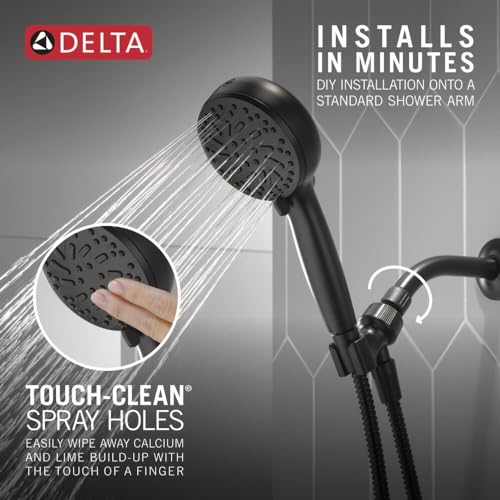 Matte black hand shower with multiple spray settings and touch-clean spray holes for easy calcium removal.