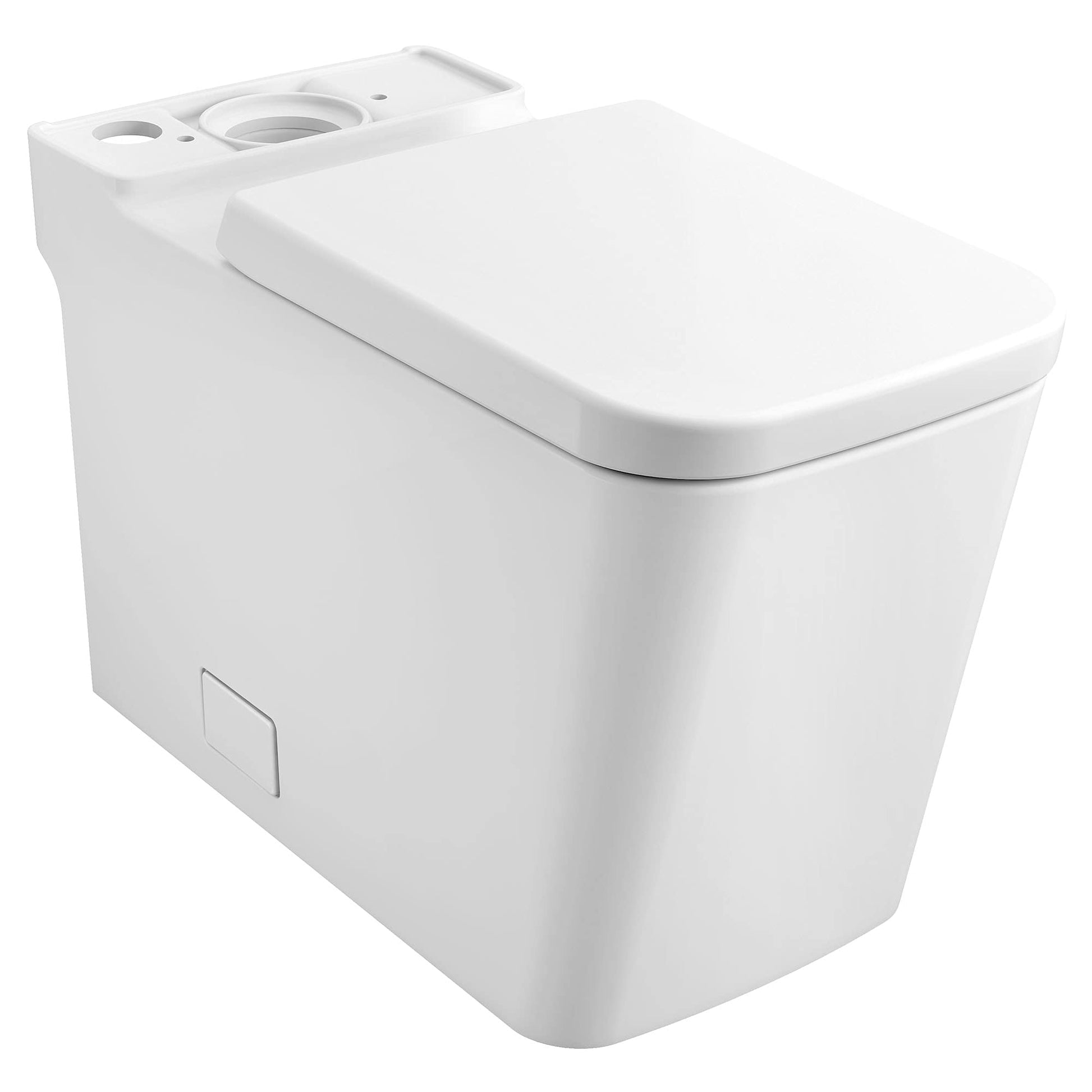 White Grohe Eurocube elongated toilet bowl with seat, right height, tank-less design, Alpine White finish.
