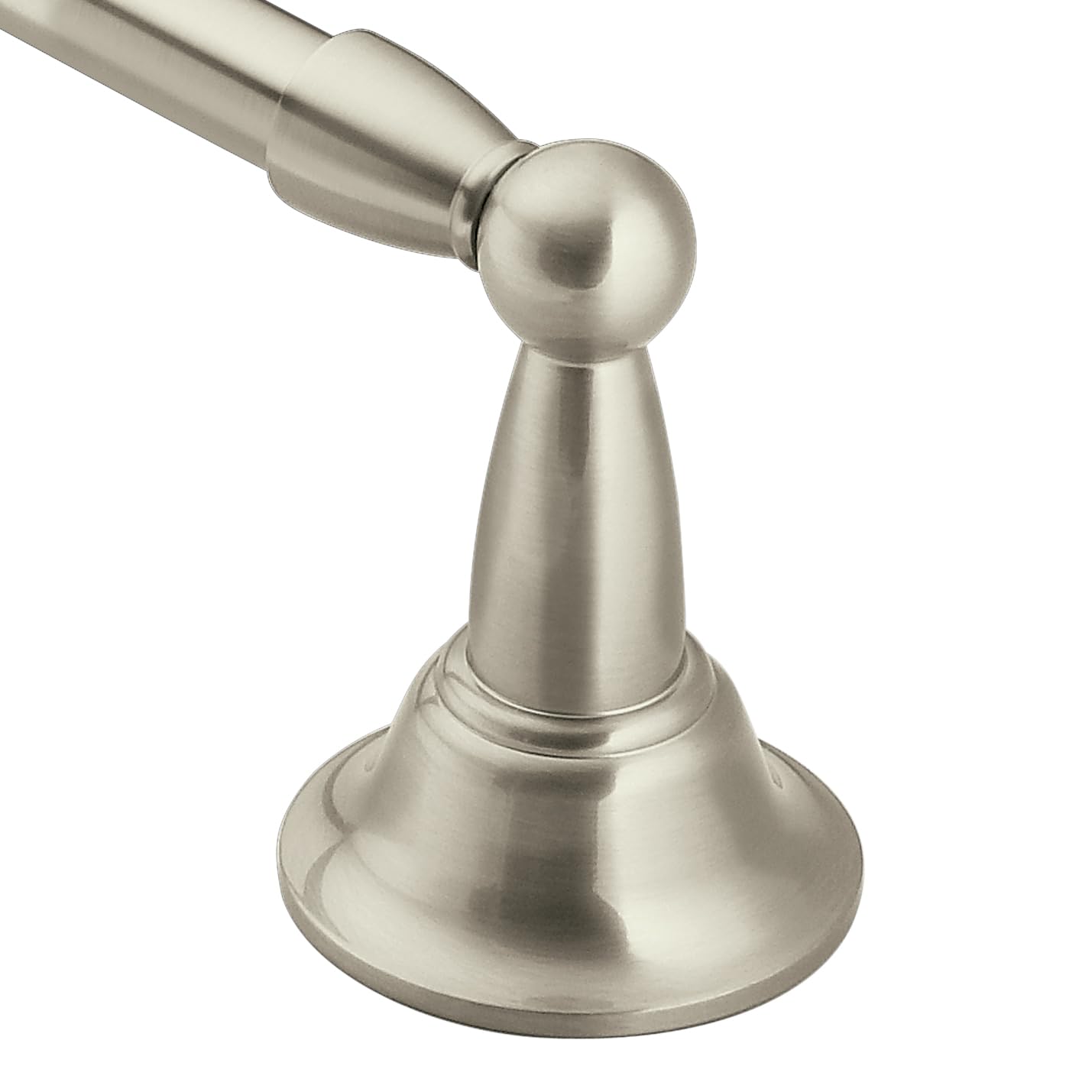 Brushed nickel towel bar with spherical finial and bell-shaped mounting bracket.