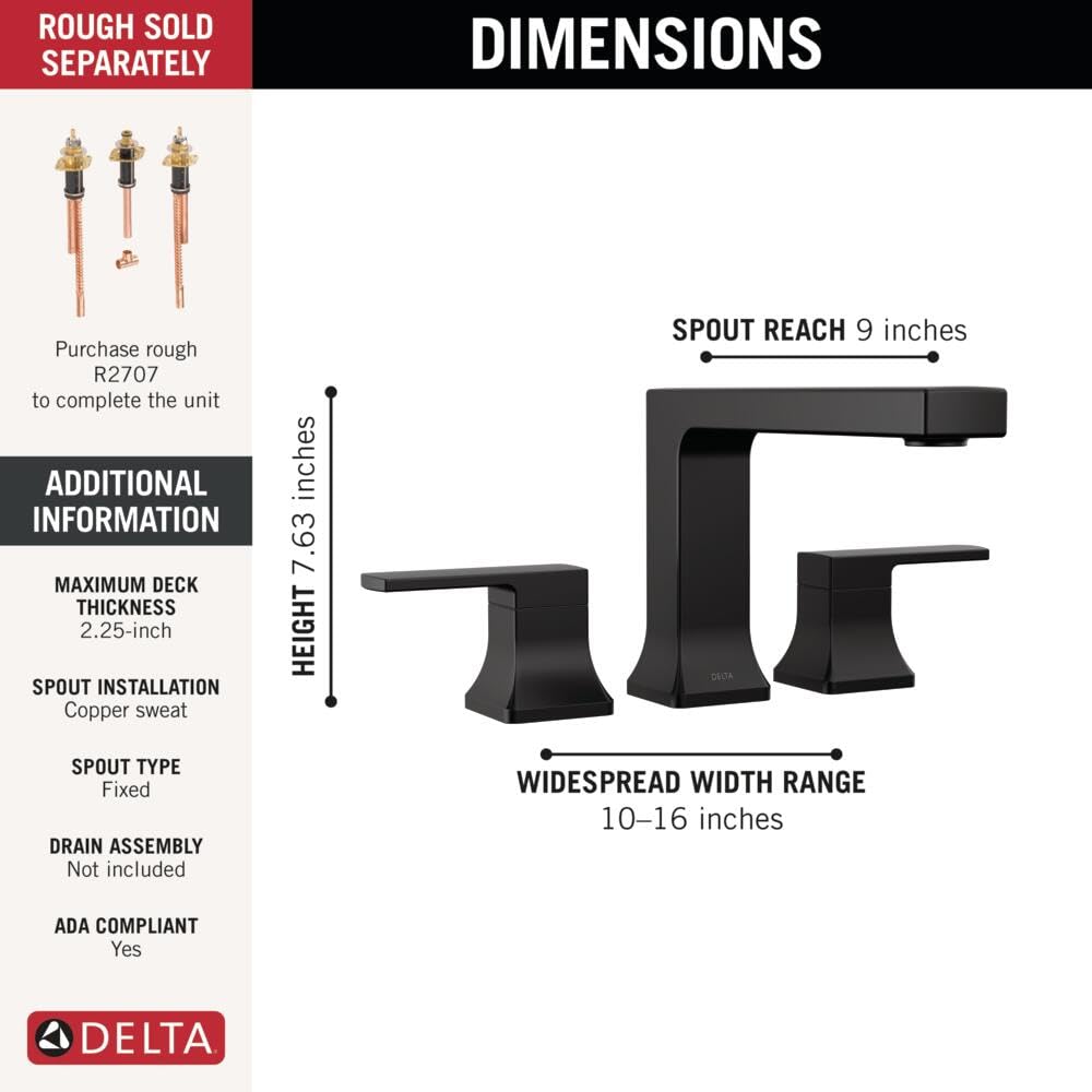 Matte black Delta Velum roman tub trim with two handles, fixed spout, 9-inch reach, and 63-inch height.