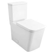 White two-piece elongated toilet with seat and tank, right-hand trip lever on tank.