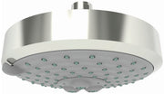 Polished nickel round shower head with multiple spray jets and ceiling mount arm.