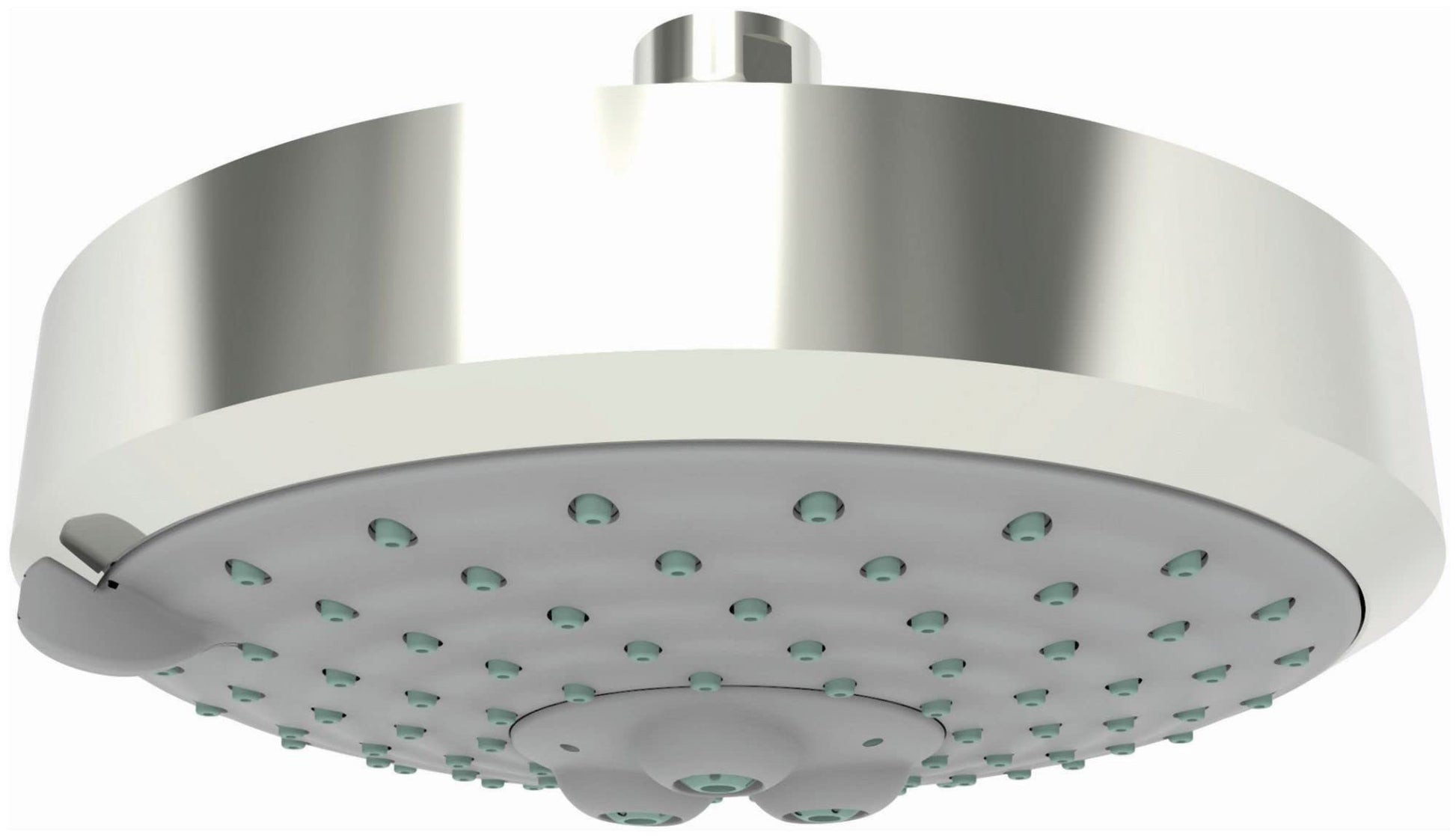Polished nickel round shower head with multiple spray jets and ceiling mount arm.