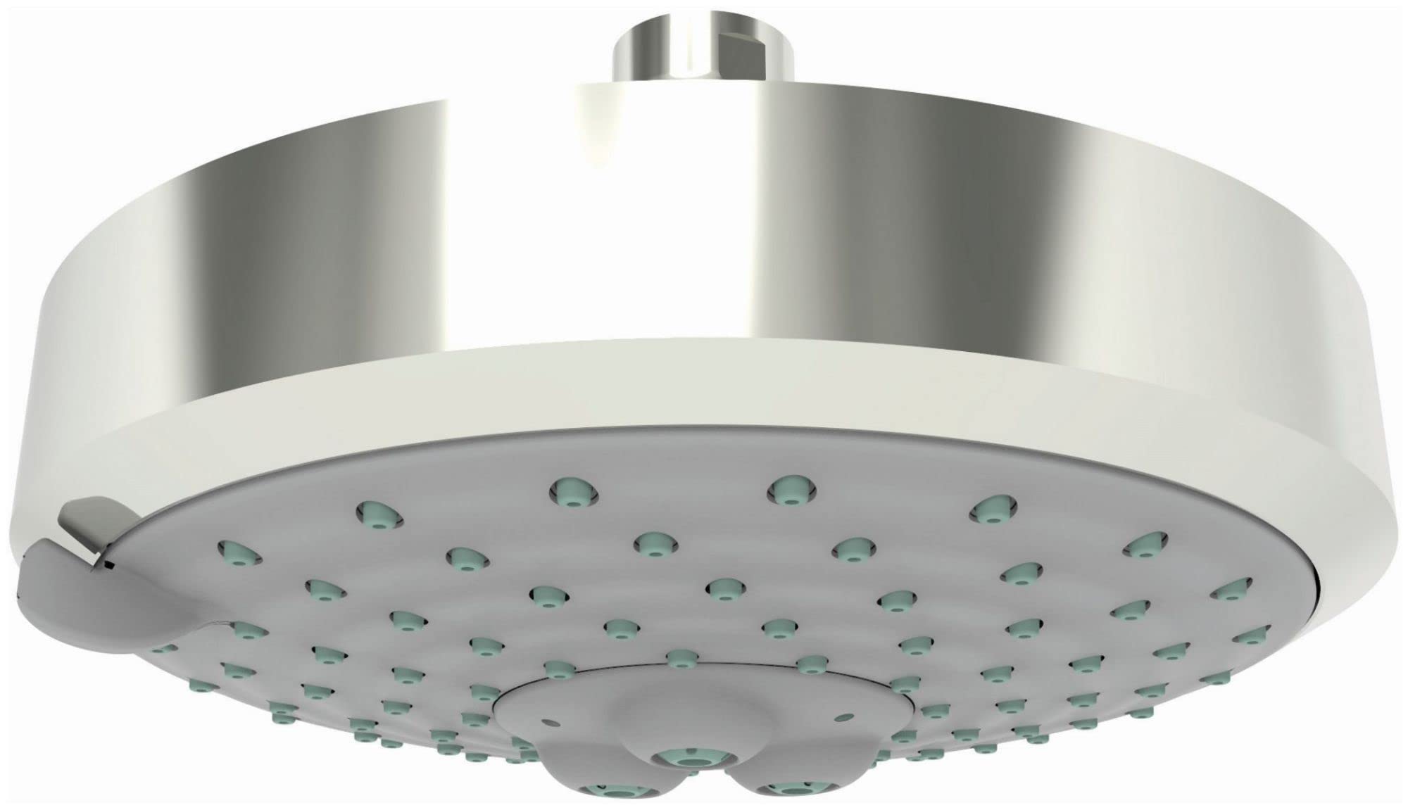 Polished nickel round shower head with multiple spray jets and ceiling mount arm.