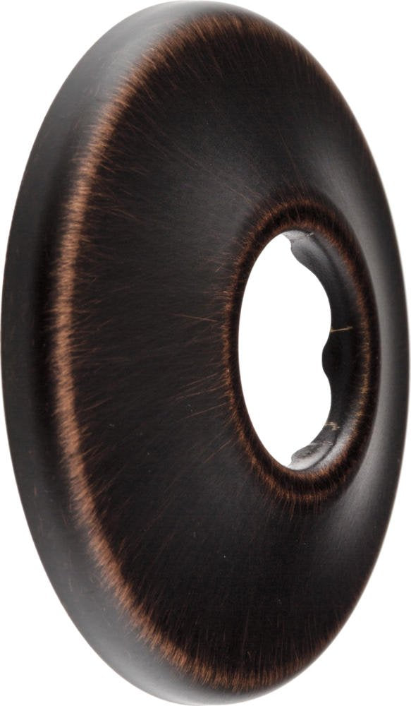 Round shower flange in dark bronze finish with center opening, brushed metal surface with copper-toned accents.