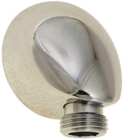 Chrome wall supply elbow with rounded escutcheon plate for hand shower connection.