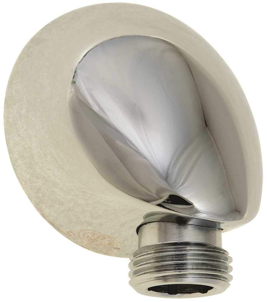 Chrome wall supply elbow with rounded escutcheon plate for hand shower connection.