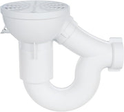 White PVC floor drain with 2-inch outlet connection and perforated strainer grate on top.