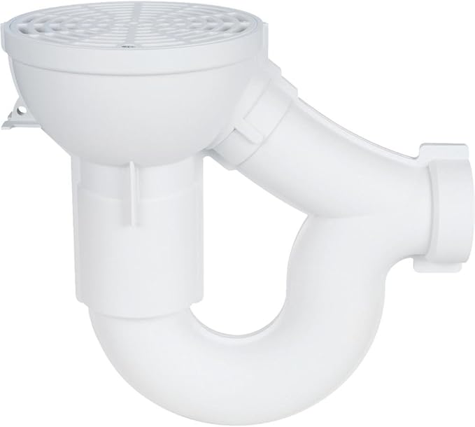 White PVC floor drain with 2-inch outlet connection and perforated strainer grate on top.