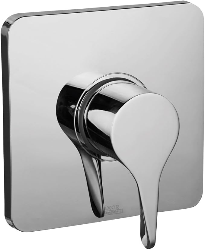 Chrome pressure balance shower trim with square plate and single lever handle in polished finish.