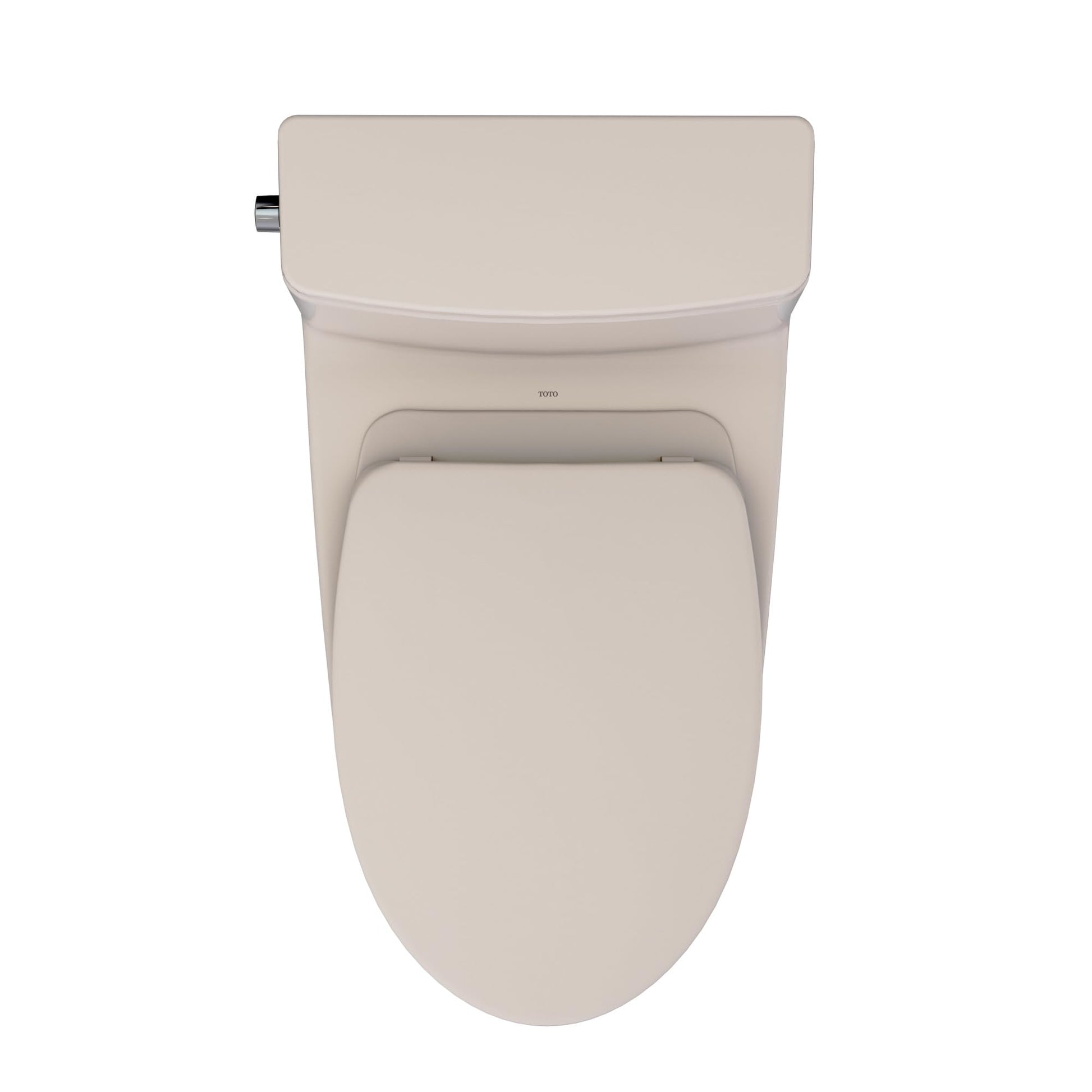 Bone-colored one-piece elongated toilet with integrated tank, closed seat, and chrome supply line connection visible on left 
