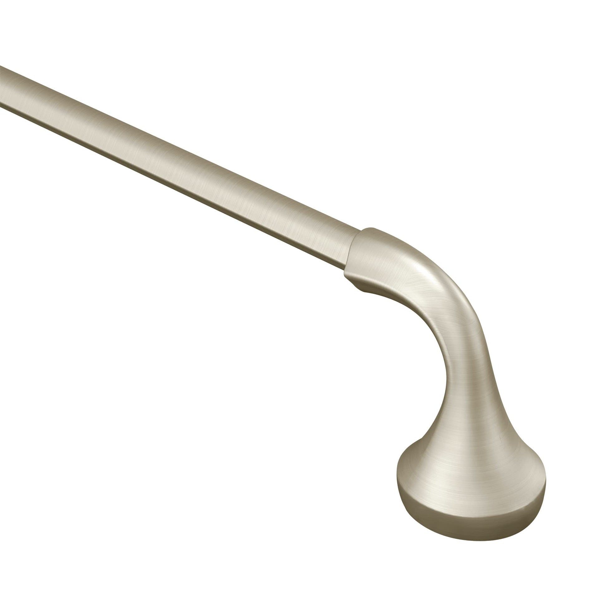 Brushed nickel towel bar with curved end bracket and cylindrical rod.