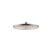 Brushed nickel overhead shower head with circular face and multiple spray jets.