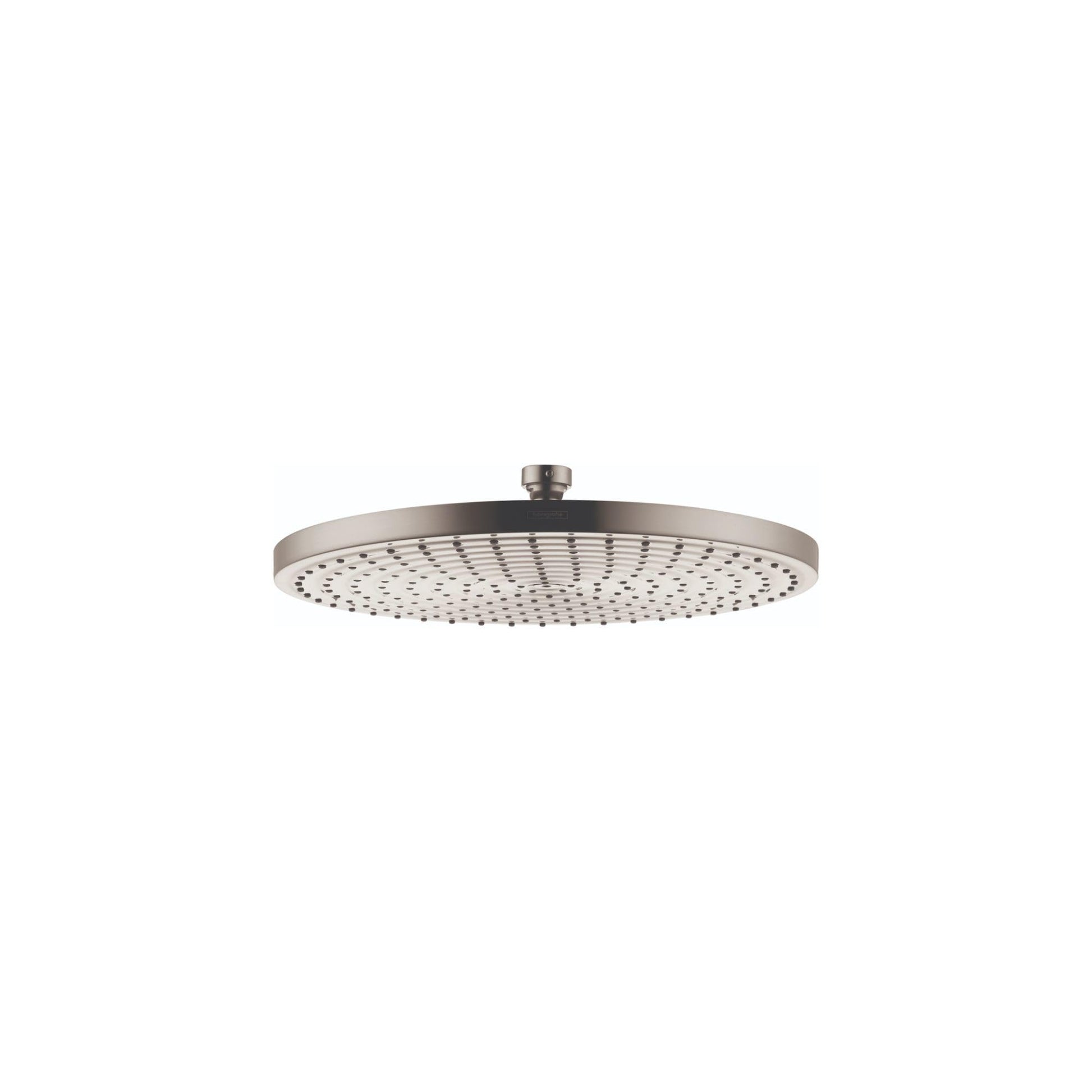 Brushed nickel overhead shower head with circular face and multiple spray jets.