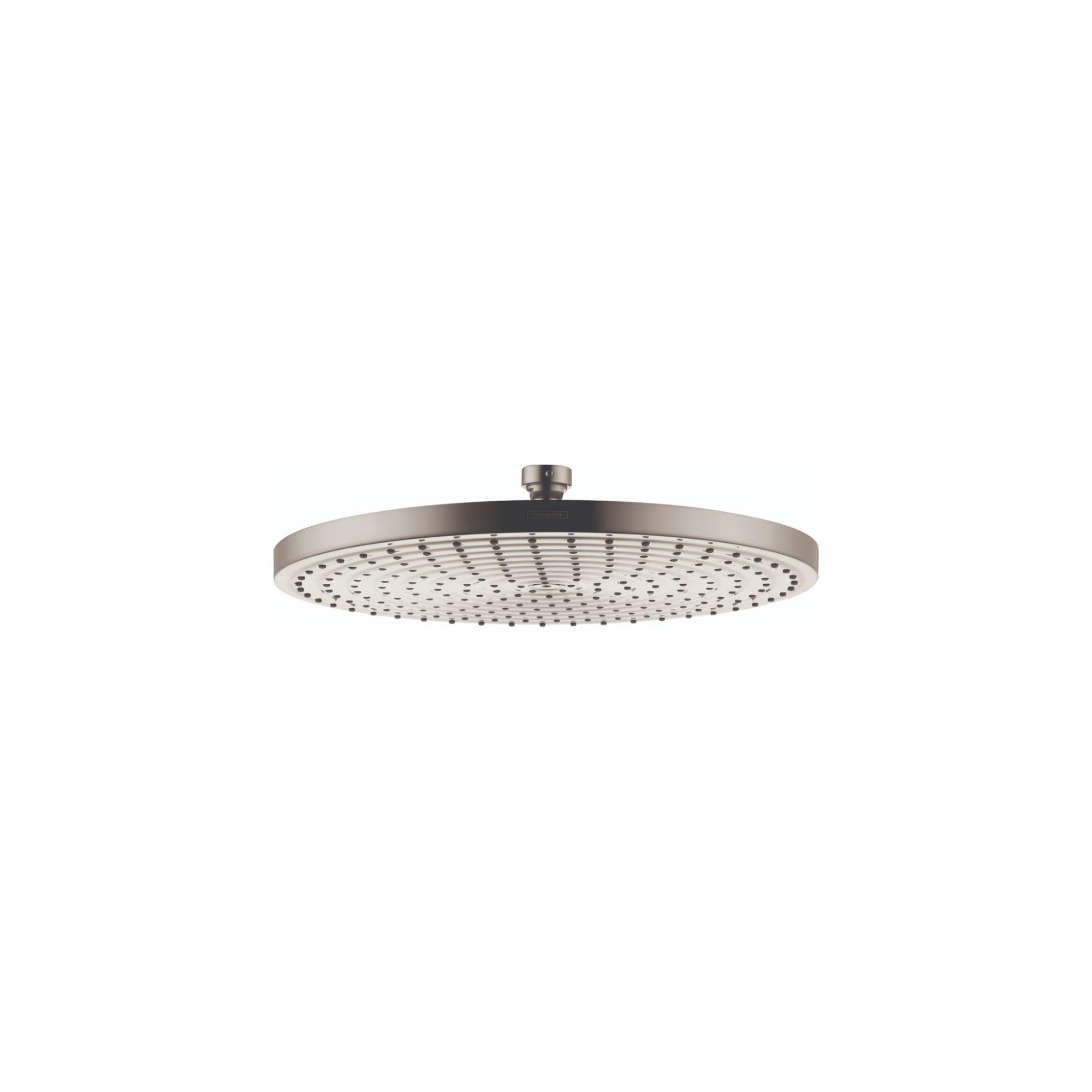 Brushed nickel overhead shower head with circular face and multiple spray jets.