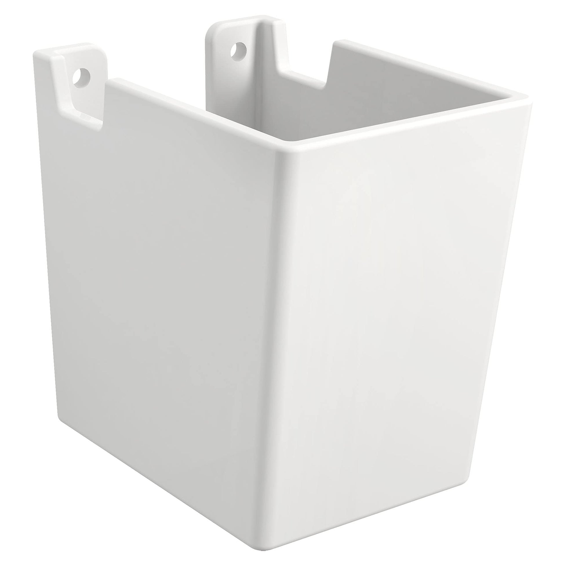 White rectangular wall-mount shroud with mounting brackets and drainage hole.
