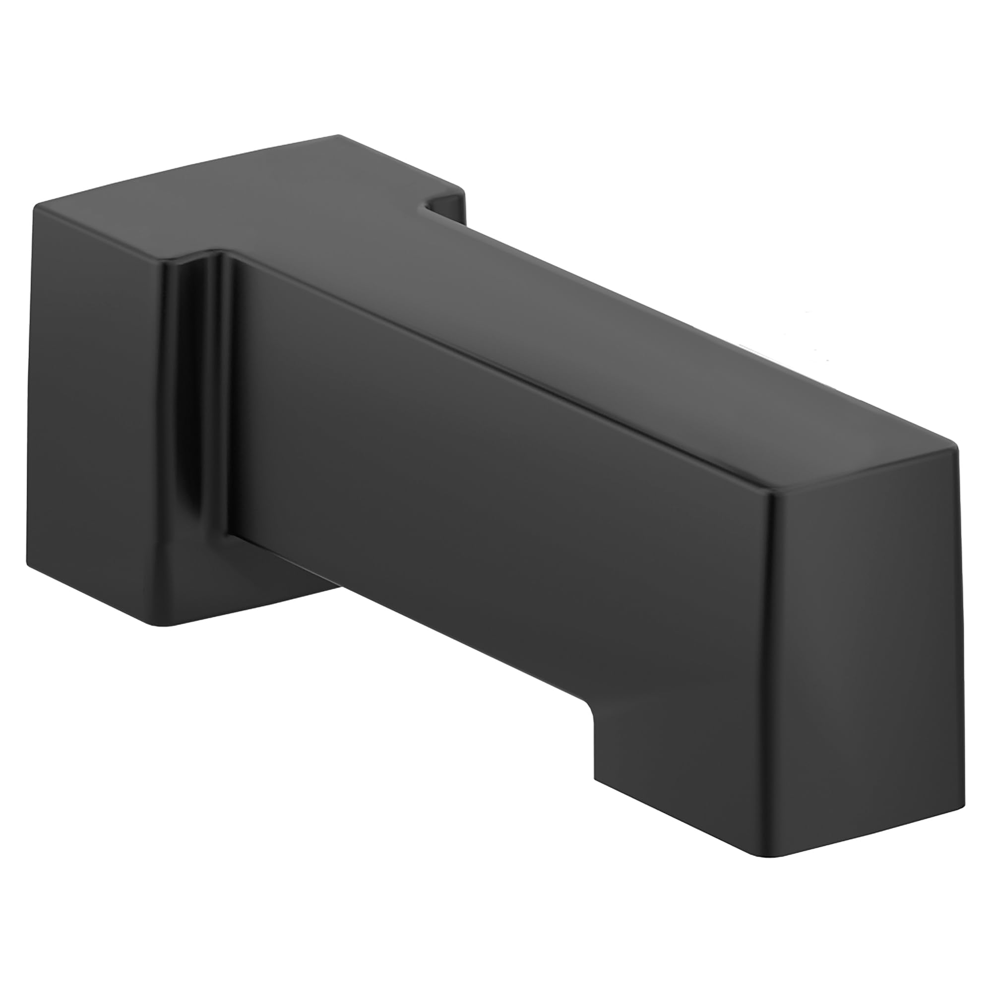 Matte black 90-degree angled tub spout with rectangular outlet and wall mount connection.