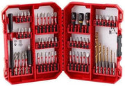 Red Milwaukee tool case with 60 drill and drive bits organized in compartments, including twist drills and impact-rated bits.
