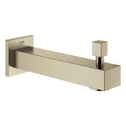 Brushed nickel wall-mounted tub spout with diverter lever and square mounting plate.