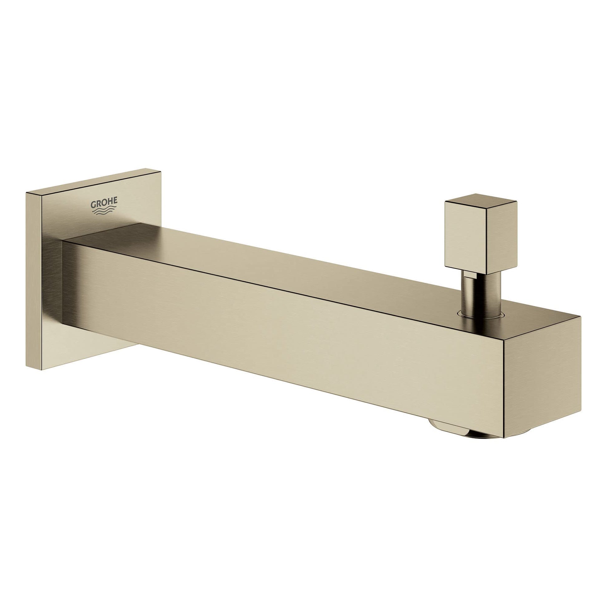 Brushed nickel wall-mounted tub spout with diverter lever and square mounting plate.