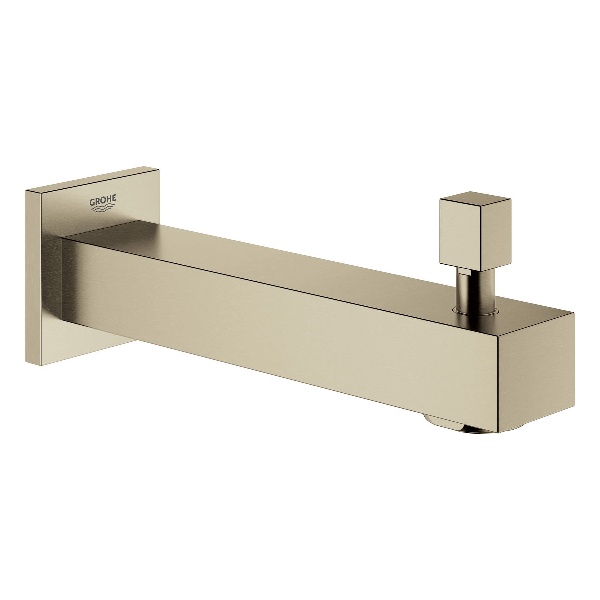 Brushed nickel wall-mounted tub spout with diverter lever and square mounting plate.