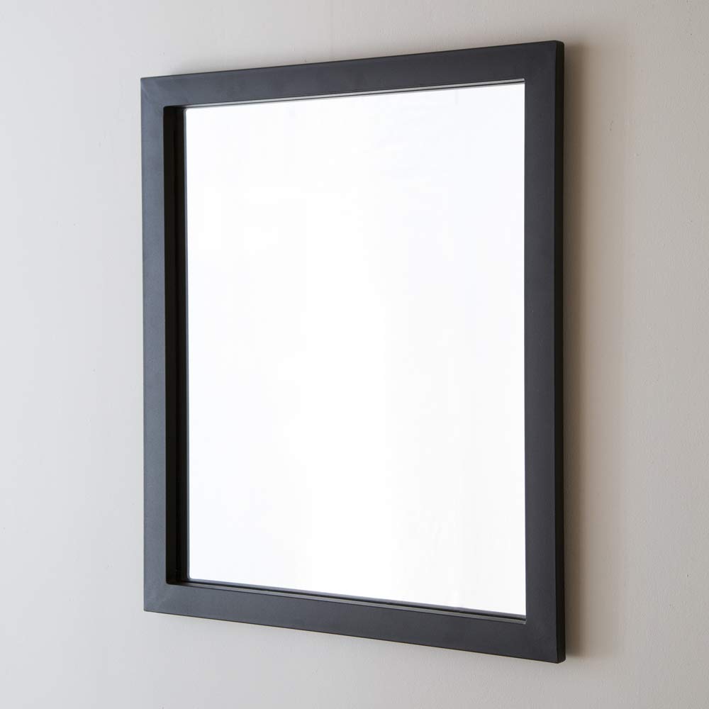 Rectangular wall mirror with dark gray frame and beveled edge detail mounted on white wall.