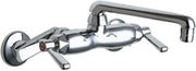 Chrome wall-mounted faucet with dual lever handles and curved swing spout.