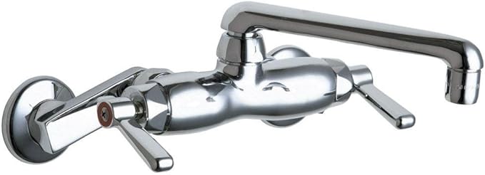 Chrome wall-mounted faucet with dual lever handles and curved swing spout.