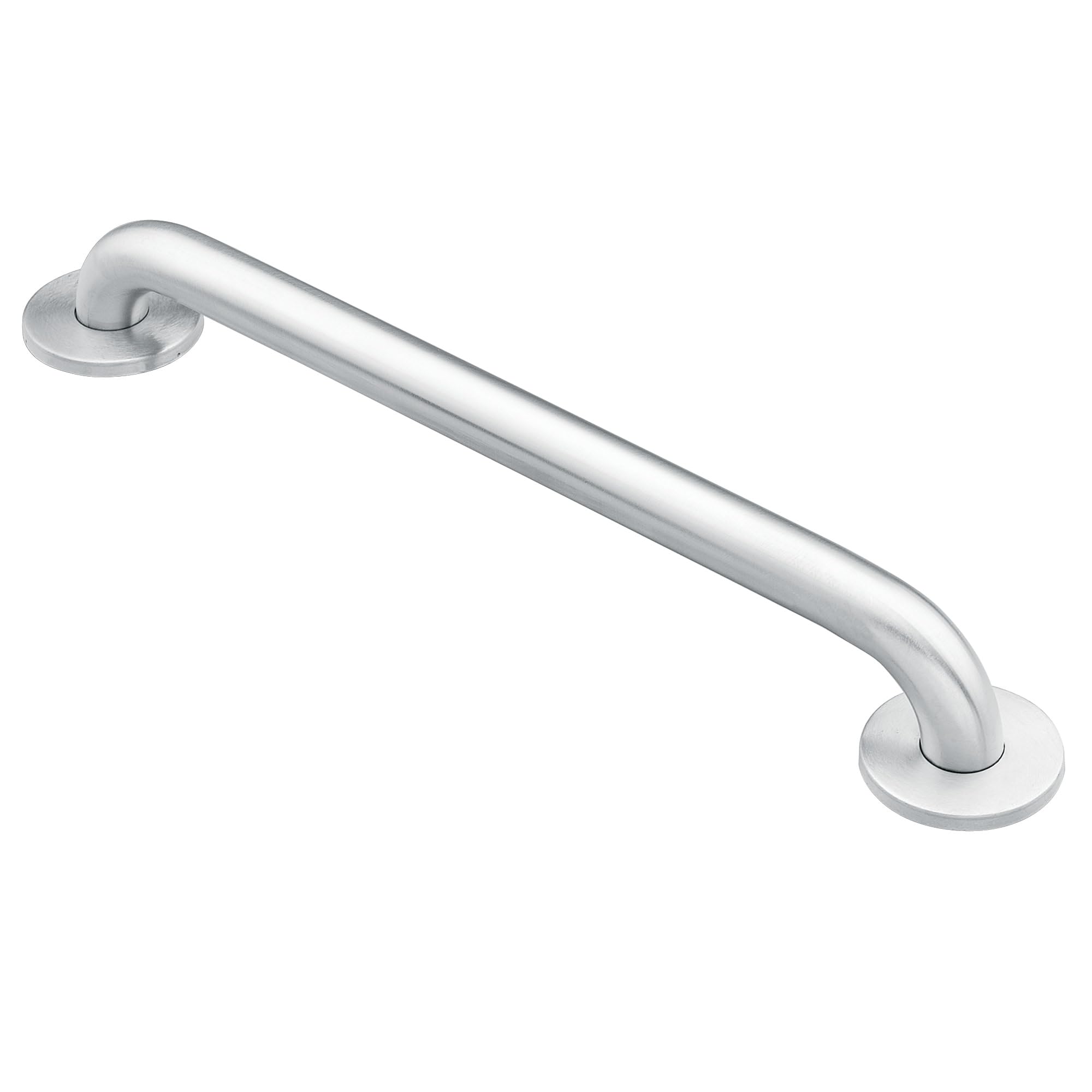 Silver curved grab bar with circular mounting flanges at each end for wall installation.