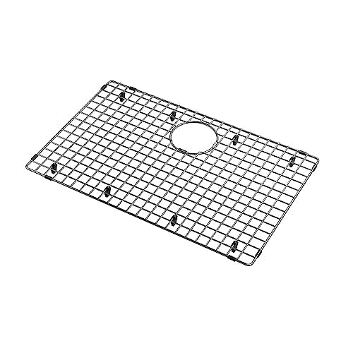 Stainless steel sink grid with small square openings, circular drain hole, and mounting feet.