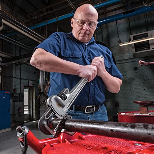 RIDGID 24 inch aluminum straight pipe wrench with adjustable jaw, displayed being held by person in workshop setting.