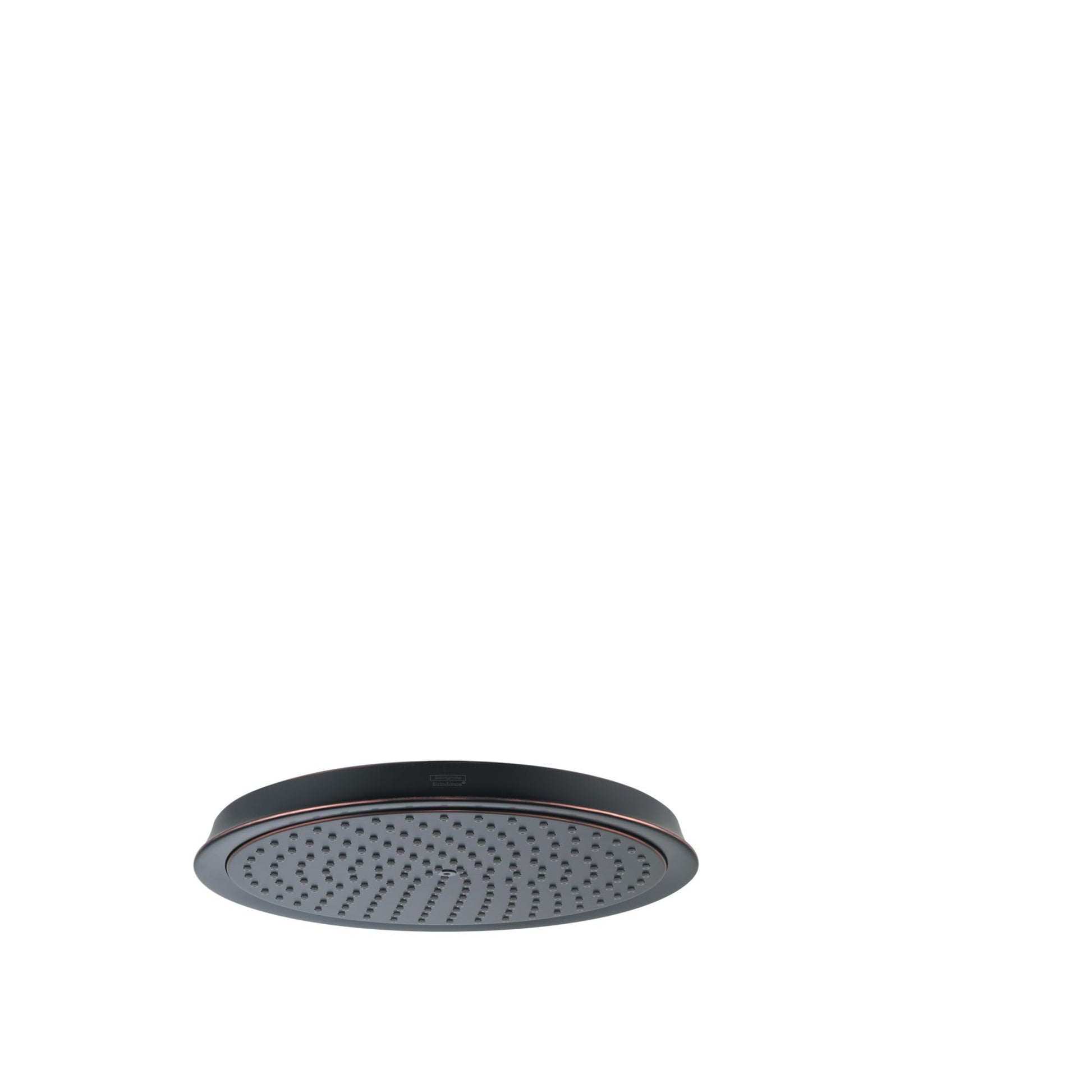 Rubbed bronze round shower head with perforated spray pattern and dark rim.