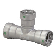 Silver metal press tee fitting with three 1-inch ports and green indicator dots on each connection point.