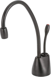 Oil rubbed bronze instant hot water dispenser faucet with curved spout and single lever handle.