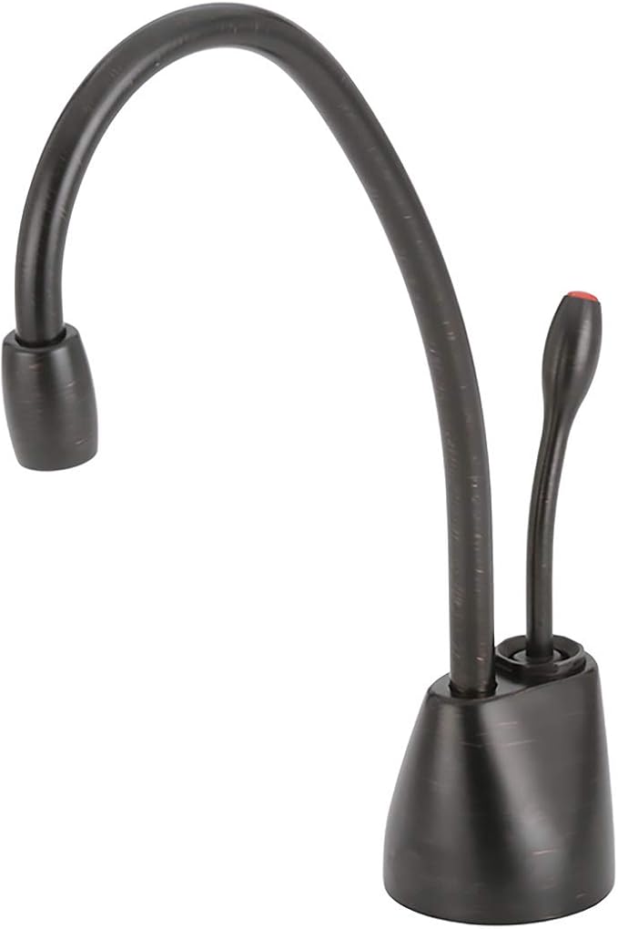 Oil rubbed bronze instant hot water dispenser faucet with curved spout and single lever handle.