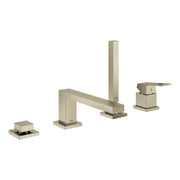 Brushed nickel four-piece deck mount roman tub faucet with single handle, tall vertical spout, and hand shower.