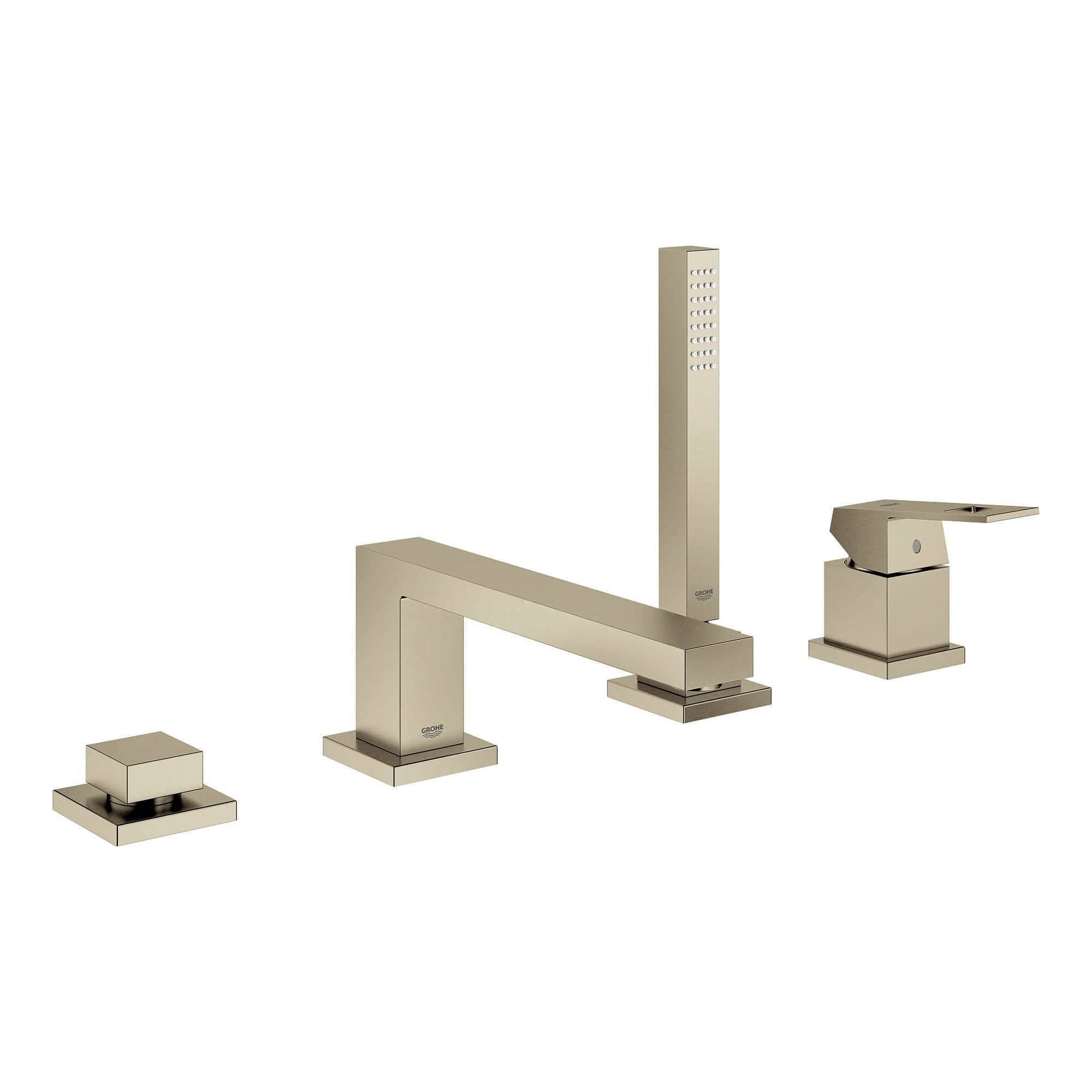 Brushed nickel four-piece deck mount roman tub faucet with single handle, tall vertical spout, and hand shower.