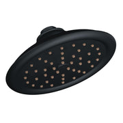 Black wrought iron rainshowerhead with multiple spray holes and ceiling mount connection.