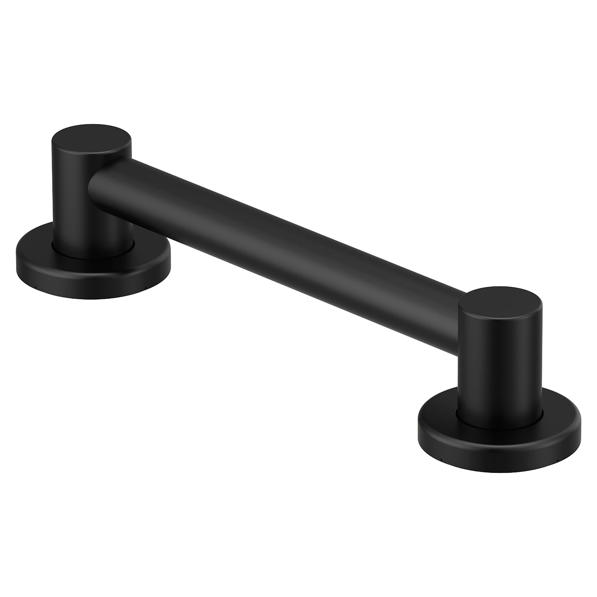 Matte black cylindrical grab bar with round mounting flanges at each end.