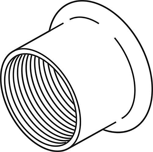Chrome finish cylindrical trim sleeve with ribbed circular face and curved spout connector.