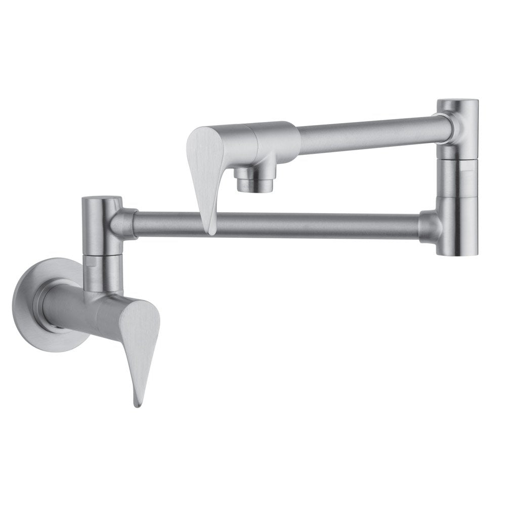 Wall-mounted steel optic pot filler with articulating arm and lever handle in brushed stainless finish.