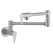 Wall-mounted steel optic pot filler with articulating arm and lever handle in brushed stainless finish.