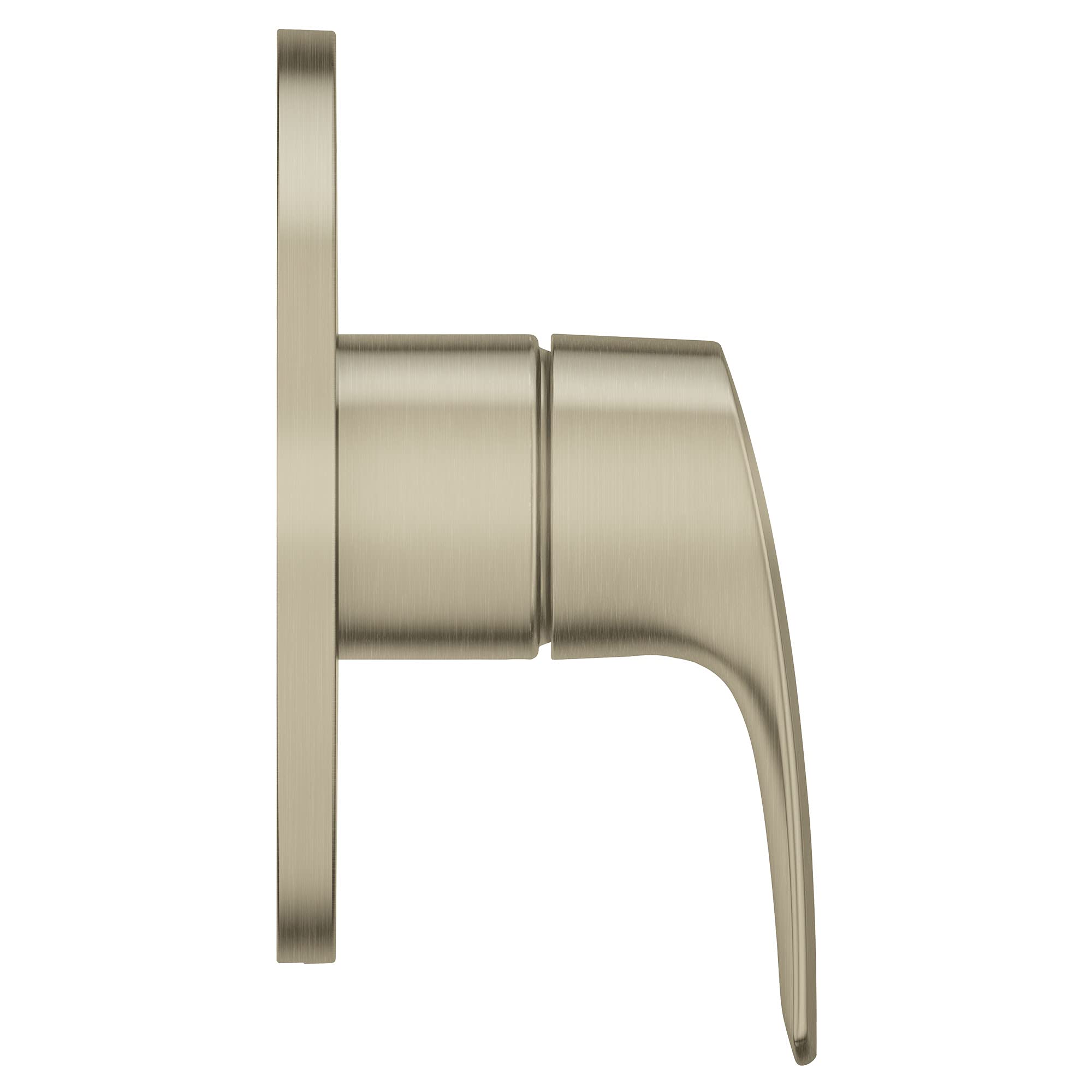Brushed nickel pressure balance valve trim with single lever handle and cylindrical body.