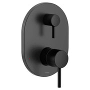 Matte black shower trim with oval backplate, upper control handle, and lower diverter lever with round knobs.