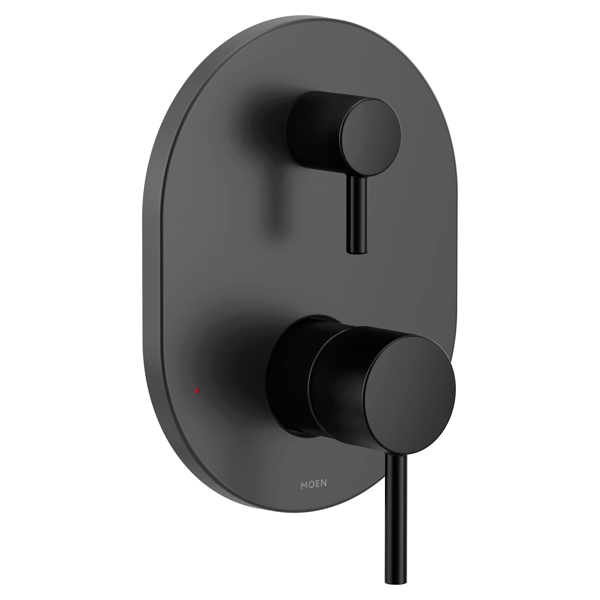 Matte black shower trim with oval backplate, upper control handle, and lower diverter lever with round knobs.