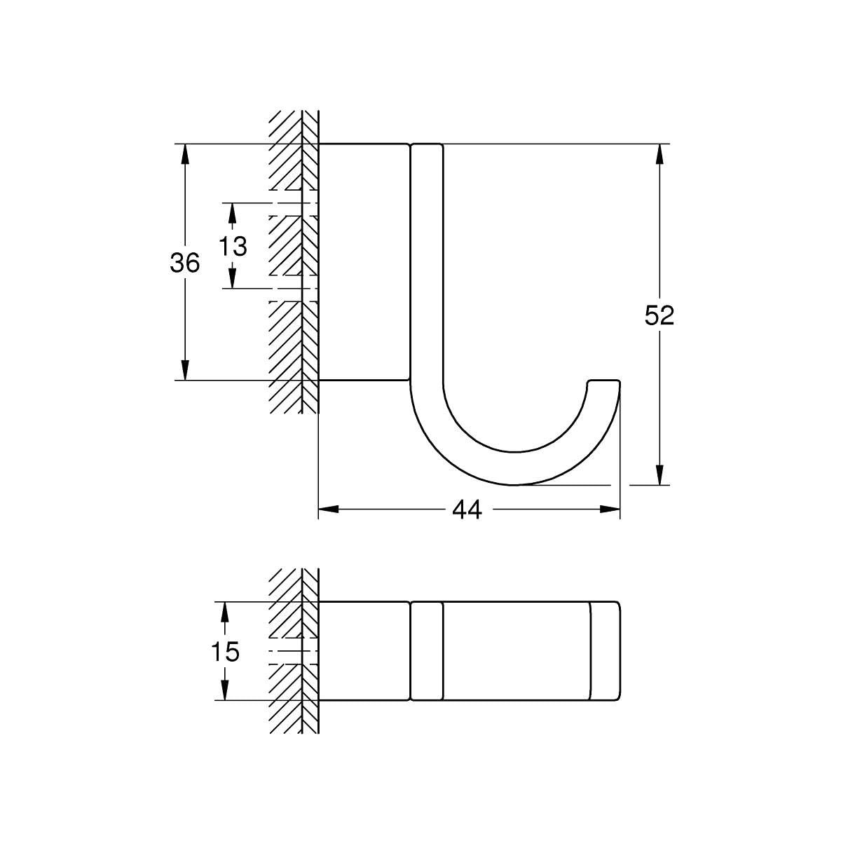 Technical schematic drawing of a wall-mounted robe hook with curved design and mounting dimensions in millimeters.