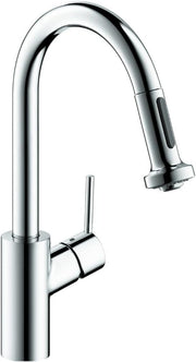 Chrome kitchen faucet with tall curved spout and pull-down spray head with gray grip accent.
