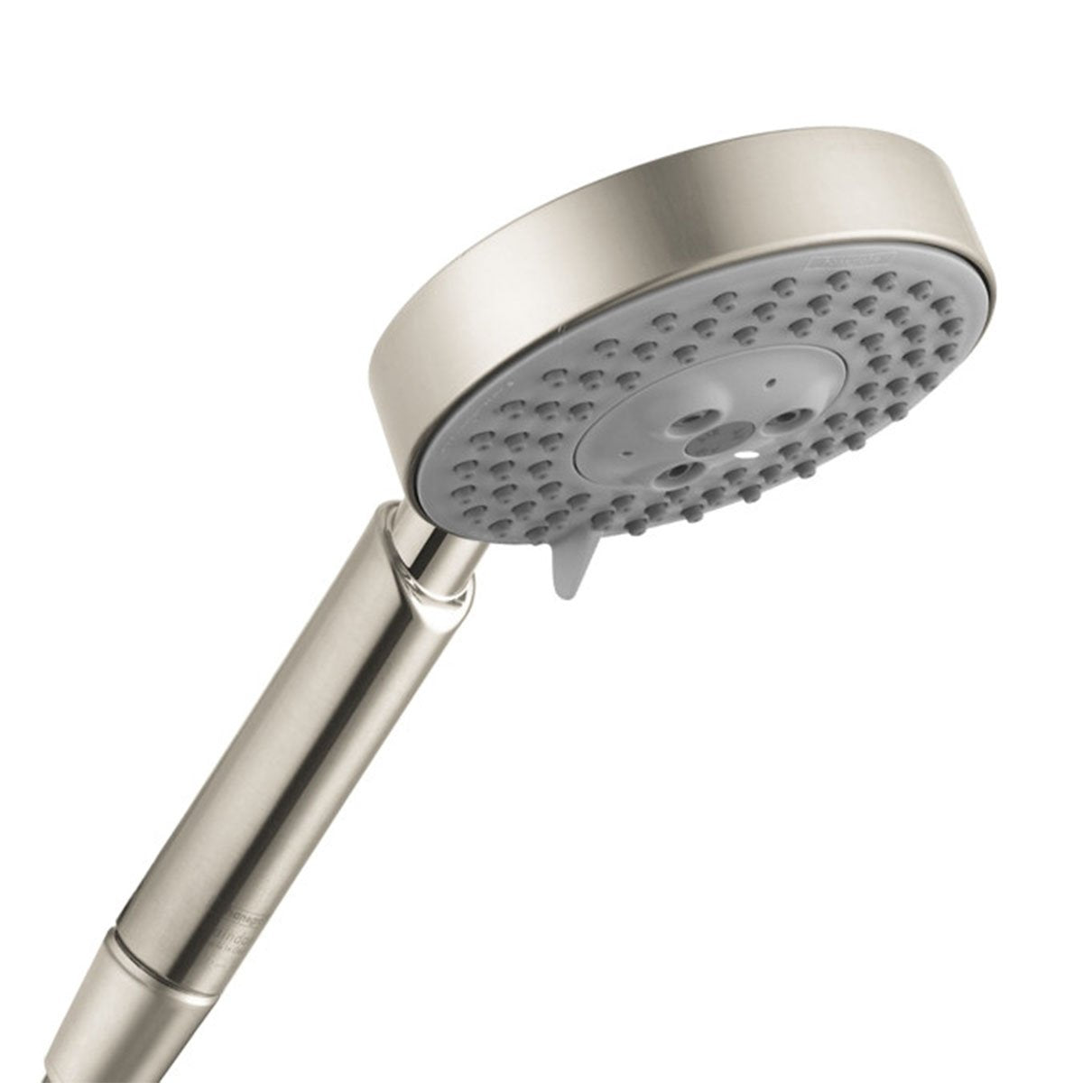 Brushed nickel handheld showerhead with round face, multiple spray jets, and cylindrical handle.
